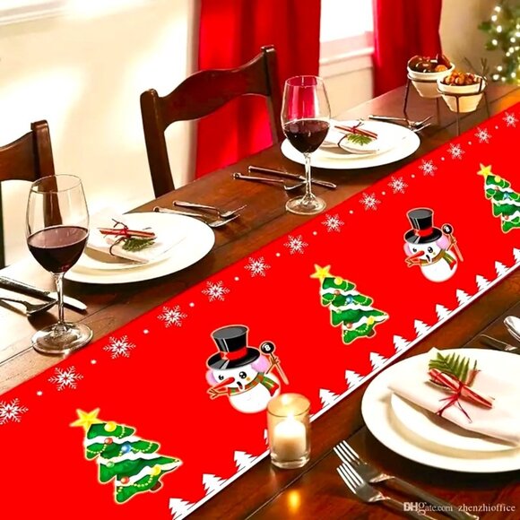 Christmas Table Runner Tree Snowman Dining Linen 13.78"x70.78" Holiday - Picture 2 of 3